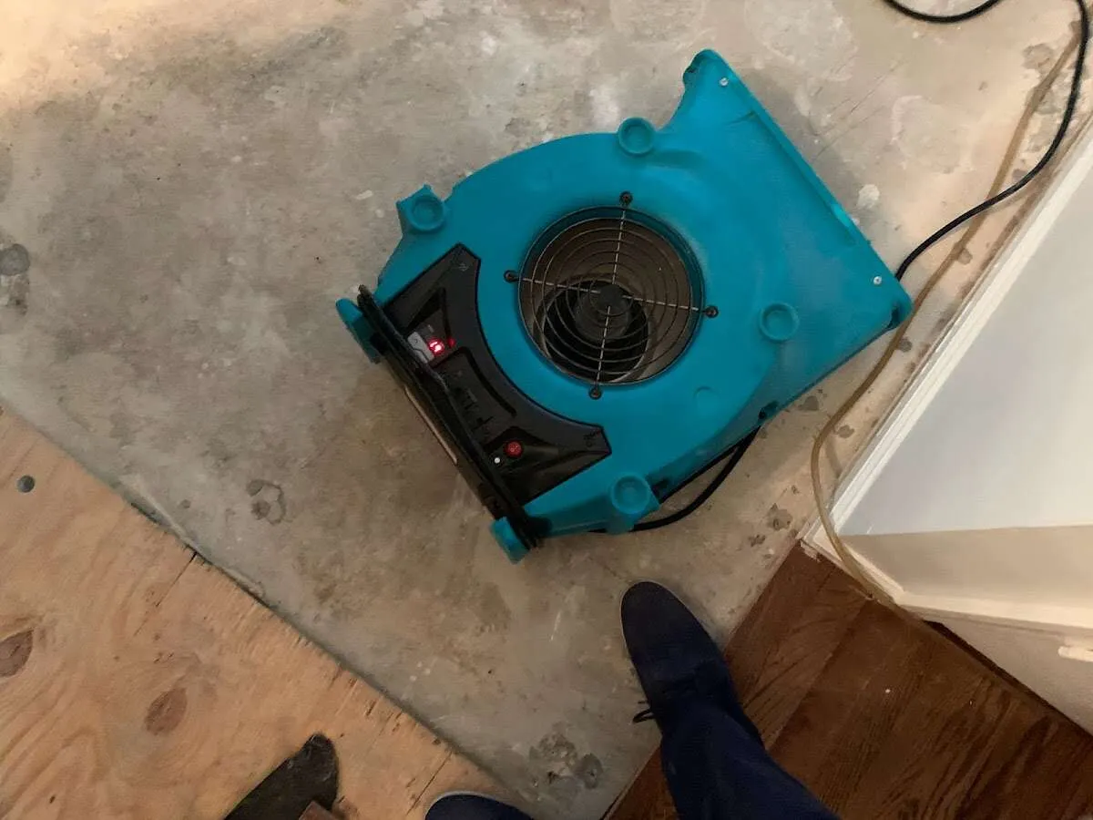Air mover drying subfloor during Commercial Water Damage Restoration in St. Joseph
